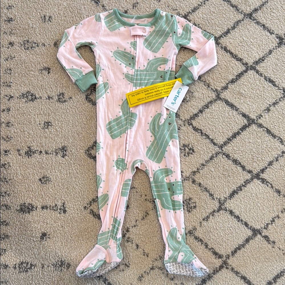 Carter's Pink and Green Footie One Piece with Tropical Leaf Print